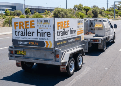 free trailer hire connected to ute driving on road